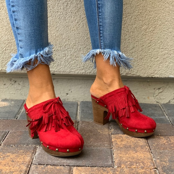 Ruby Red Fringe Tassel Studs Accent Mule Clog - Picture 8 of 8